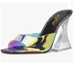 YDN Colorful Crystal Chunky High Heel Mule Transparent Open Toe Backless Sandals